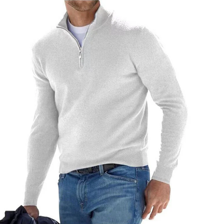 Men's full-zip long sleeve luxury sweater. Features high-quality knit, perfect for stylish men's fashion and winter wear.