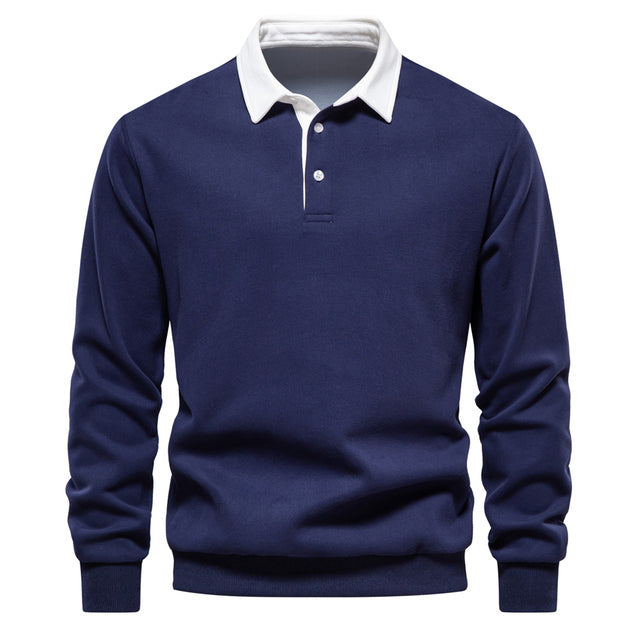 Men's luxury long-sleeve polo sweater, Oliver. Classic knitwear for effortless smart casual style & comfort.