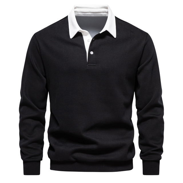 Close-up of comfortable men's luxury polo sweater, Oliver. Fine knit for a stylish & warm winter essential.
