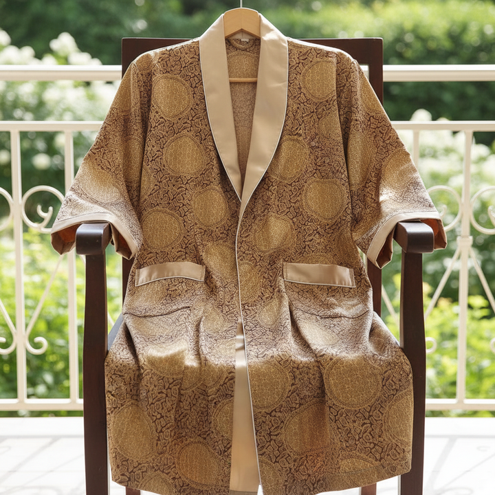 Comfortable men's satin robe featuring a rich gold pattern, perfect as a thoughtful men's gift.
