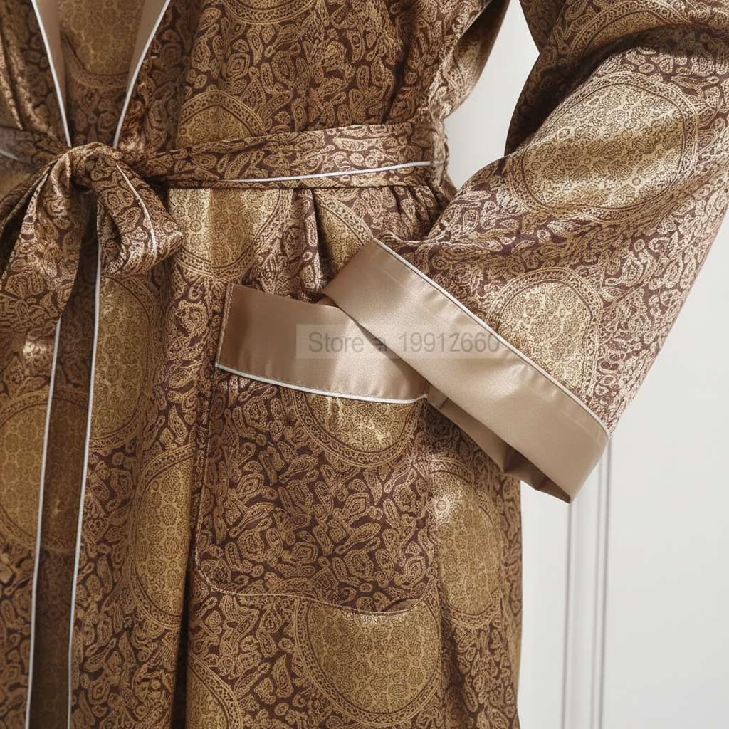 Elegant men's sleepwear: a soft satin bathrobe with a distinctive gold pattern for ultimate comfort.