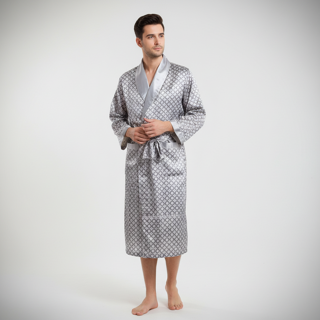 Premium men's gift idea: a elegant satin bathrobe with a striking gold pattern for luxurious home wear.