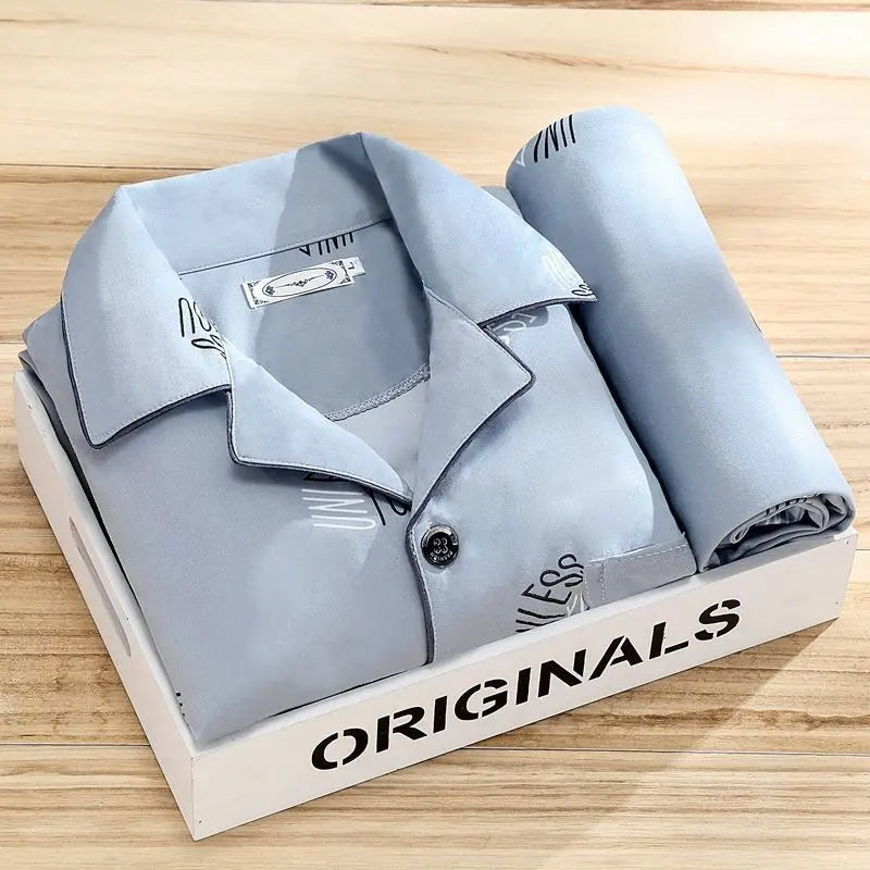 Complete men's soft pajama set, luxury breathable loungewear. Button-up sleepwear for ultimate men's comfort.