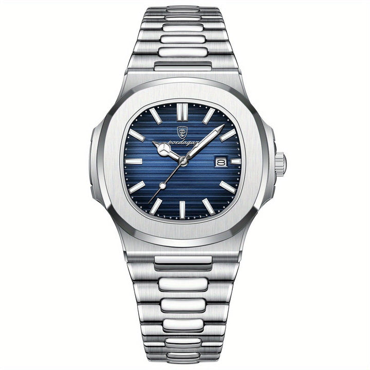Men's luxury stainless steel sport watch featuring precise quartz movement for everyday wear.