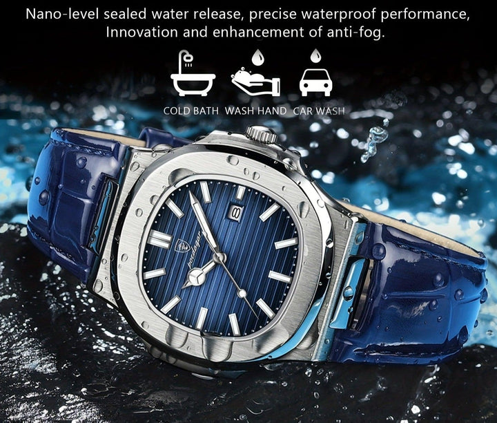 Modern men's luxury watch, stainless steel case, quartz movement, ideal for sport and daily use.
