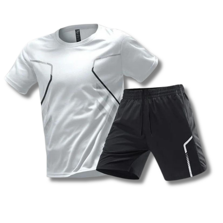 Comfortable men's leisure sport set, Matteo. Quick-dry performance shirt & shorts perfect for summer outdoor activities.