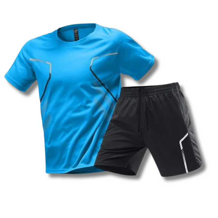 Stylish Matteo men's sport set. Versatile training outfit with performance shirt & shorts for outdoor sports & leisure.