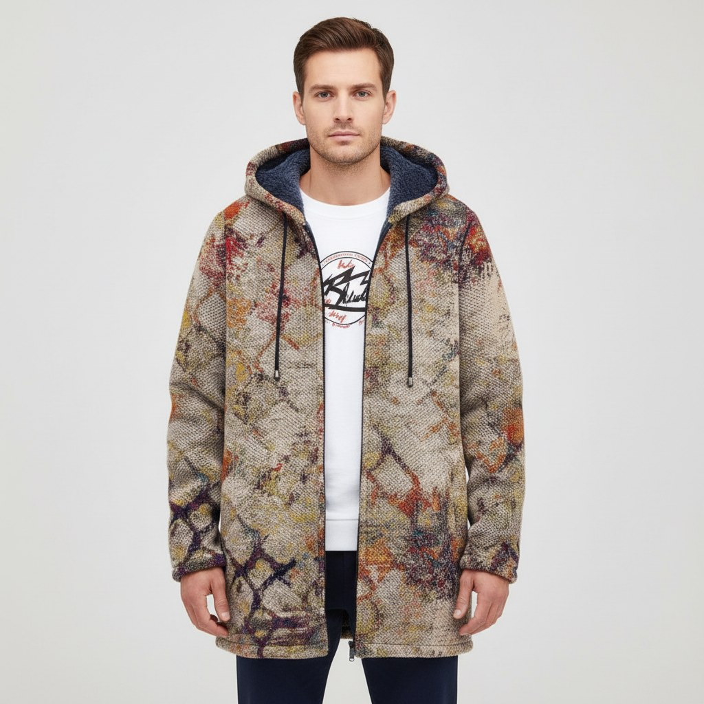 Men's mid-length color block jacket with hood, durable polyester, trendy retro casual wear