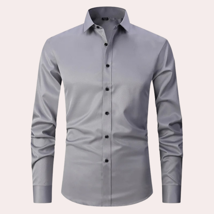 Professional men's stretch dress shirt, Milan style. Flexible, non-iron fabric for comfort in business attire.