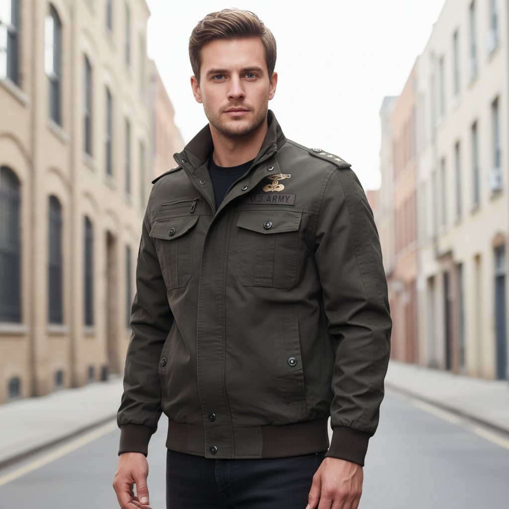 Men's military style combat jacket, Rudolf, in olive green cotton blend for casual autumn wear