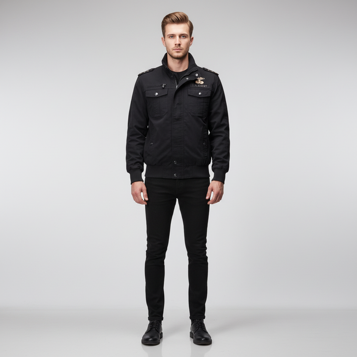 Detailed image of Rudolf men's combat jacket collar and zipper, showcasing quality and style