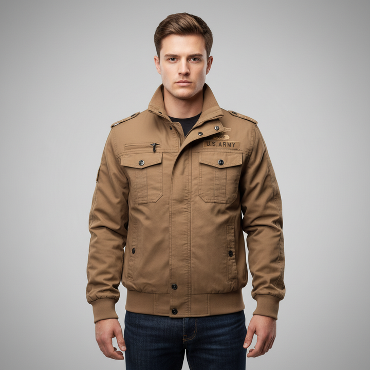 Men's autumn winter casual jacket, military inspired bomber, with practical utility design