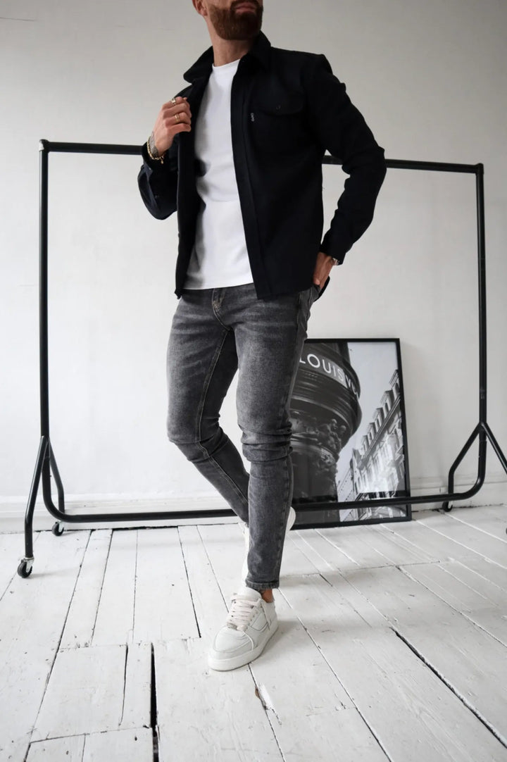 Man wearing a Modern Elias Shirt Jacket, showcasing its versatile layering for a casual men's everyday style.