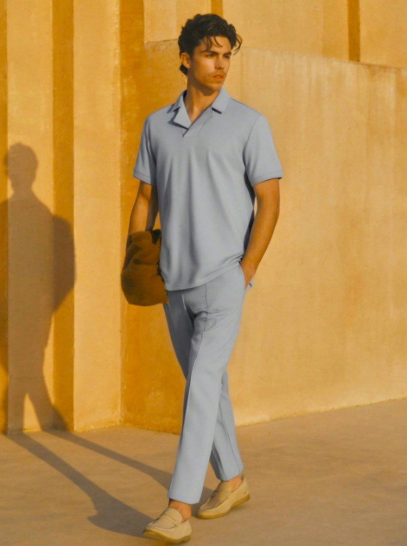 Men's modern grey summer shirt and shorts set made from breathable fabric with a stylish cut, ideal for casual wear.