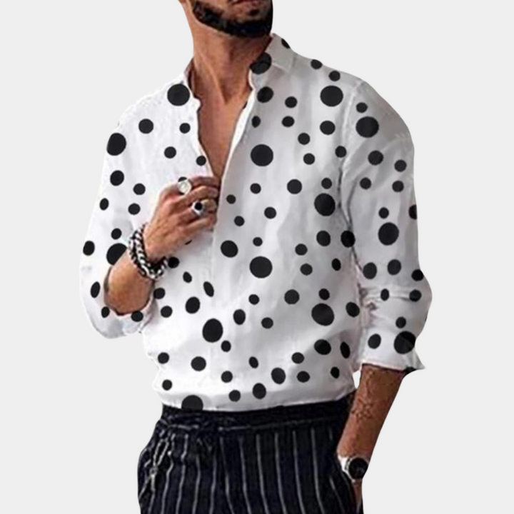 Versatile men's polka dot long sleeve shirt in a modern style, suitable for both casual and semi-formal occasions.