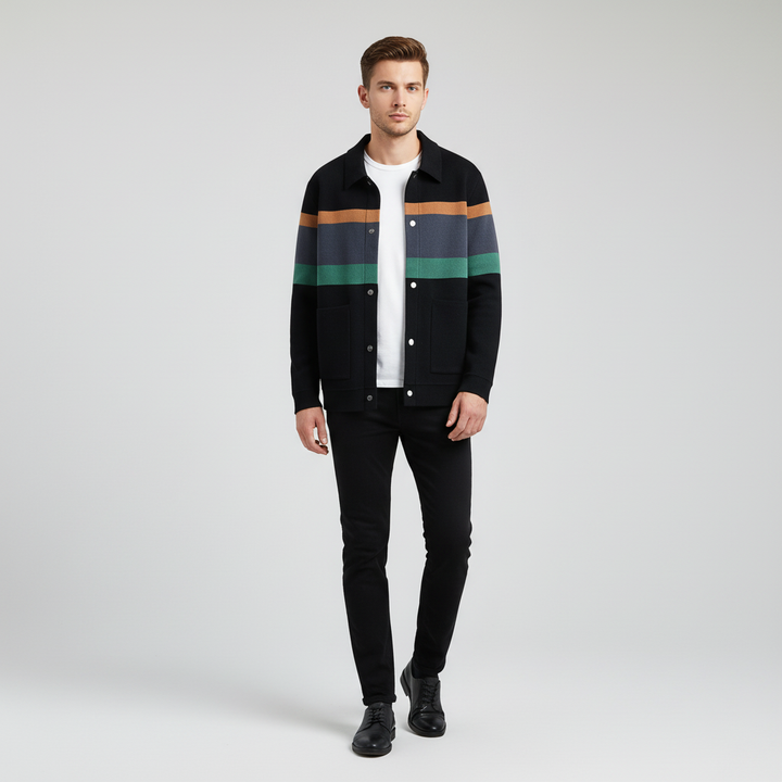 Casual men's moderne vest, striped print and button-up design in a comfortable polyester fabric