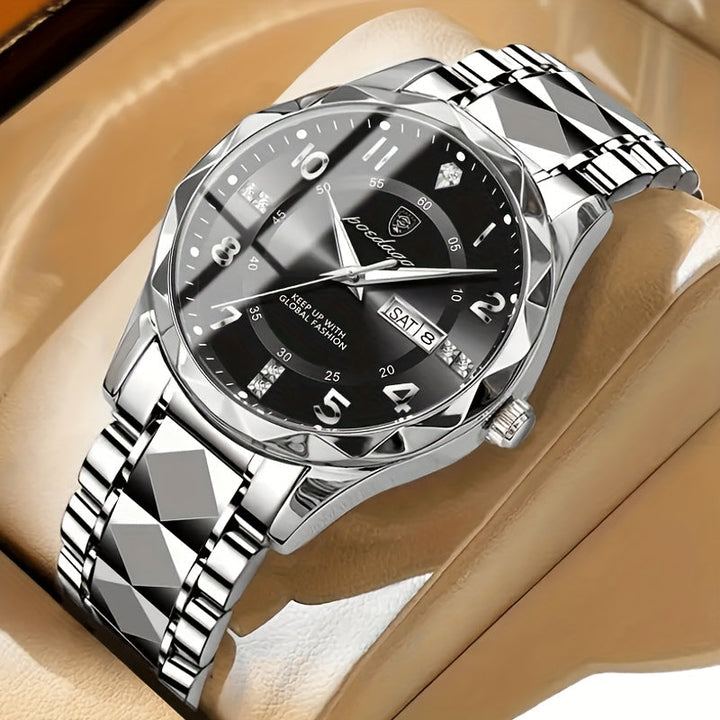 Men's sports timepiece featuring a clear dual display, waterproof design & chronograph functions.