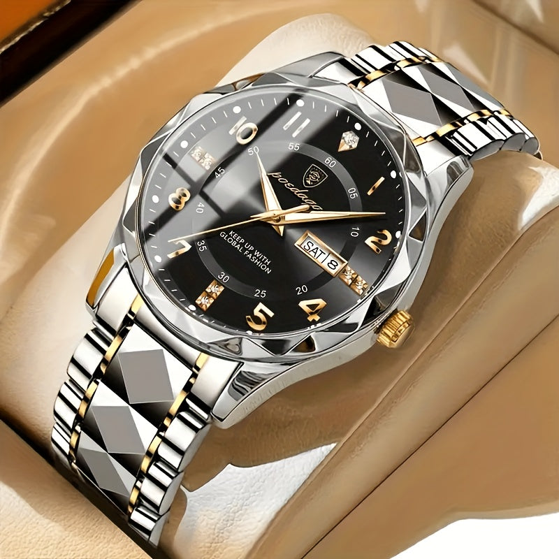 Man wearing a sleek men's waterproof sports watch with dual display & chronograph for outdoor activities.