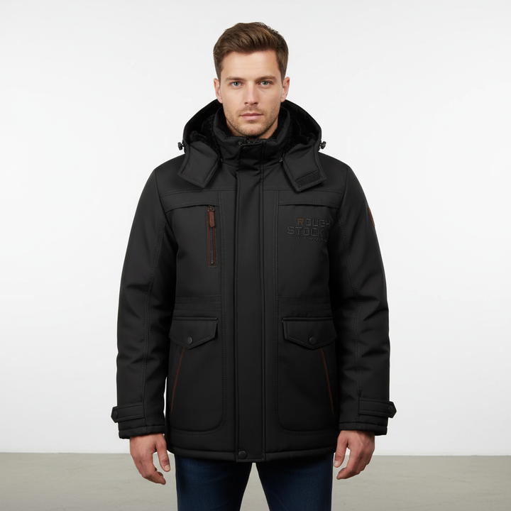 Full shot of men's winter outerwear: a padded jacket with a hood for warmth