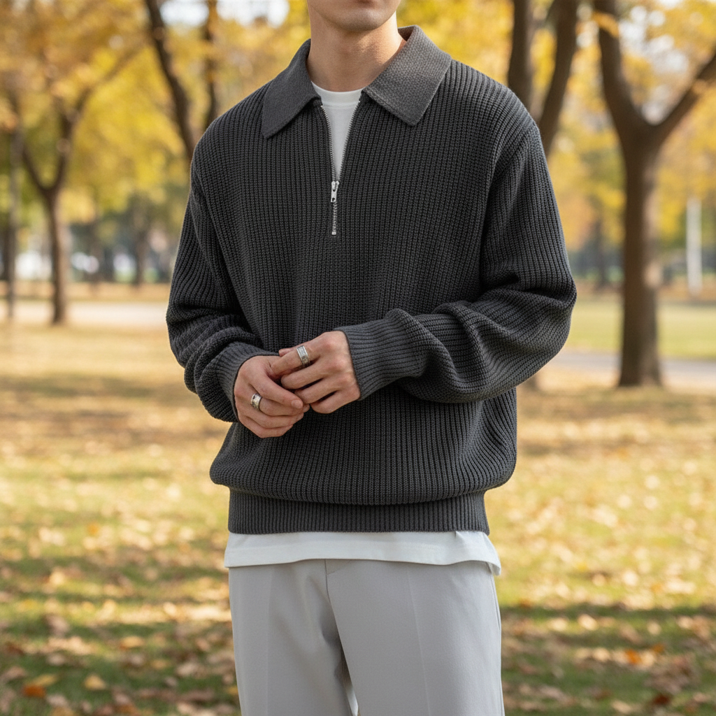 Men's Noah versatile zip collar sweater in dark gray, perfect for casual autumn and winter wear.