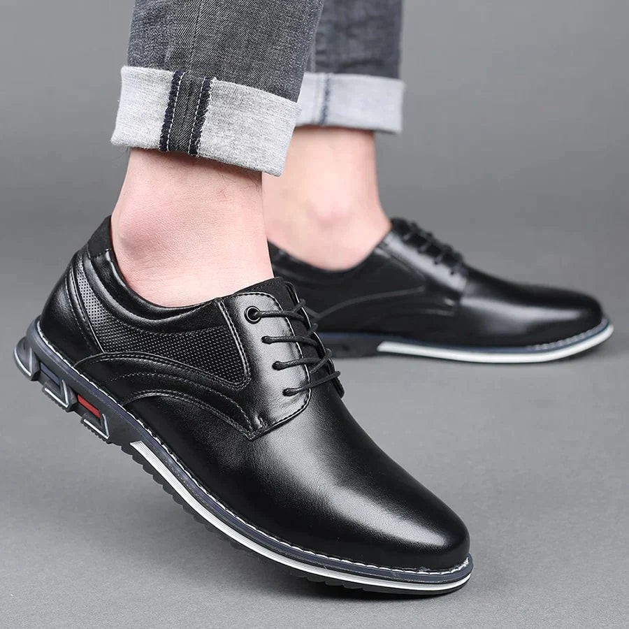 Premium leather orthopedic walking shoes for men, providing superior comfort, arch support, and elegant dress style.