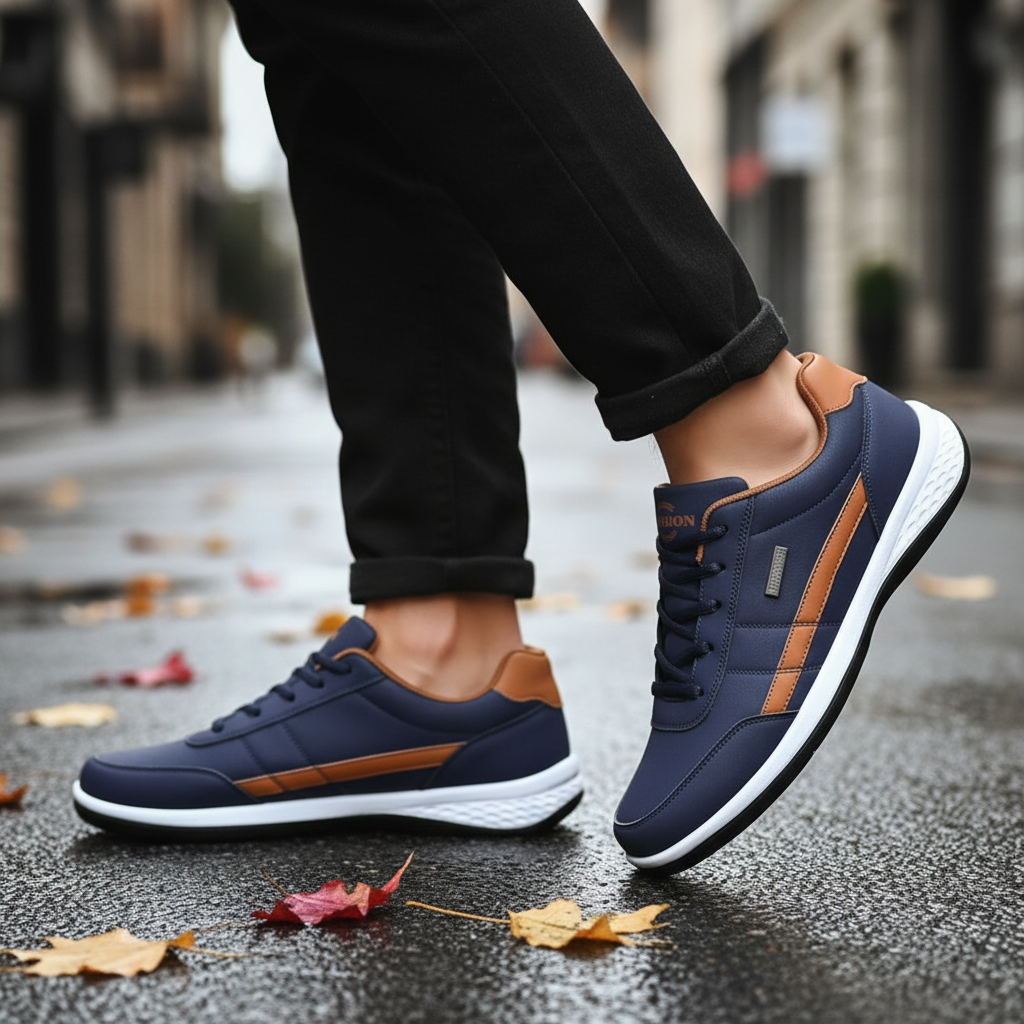 Men's orthopedic PU leather sneakers with arch support, side view.