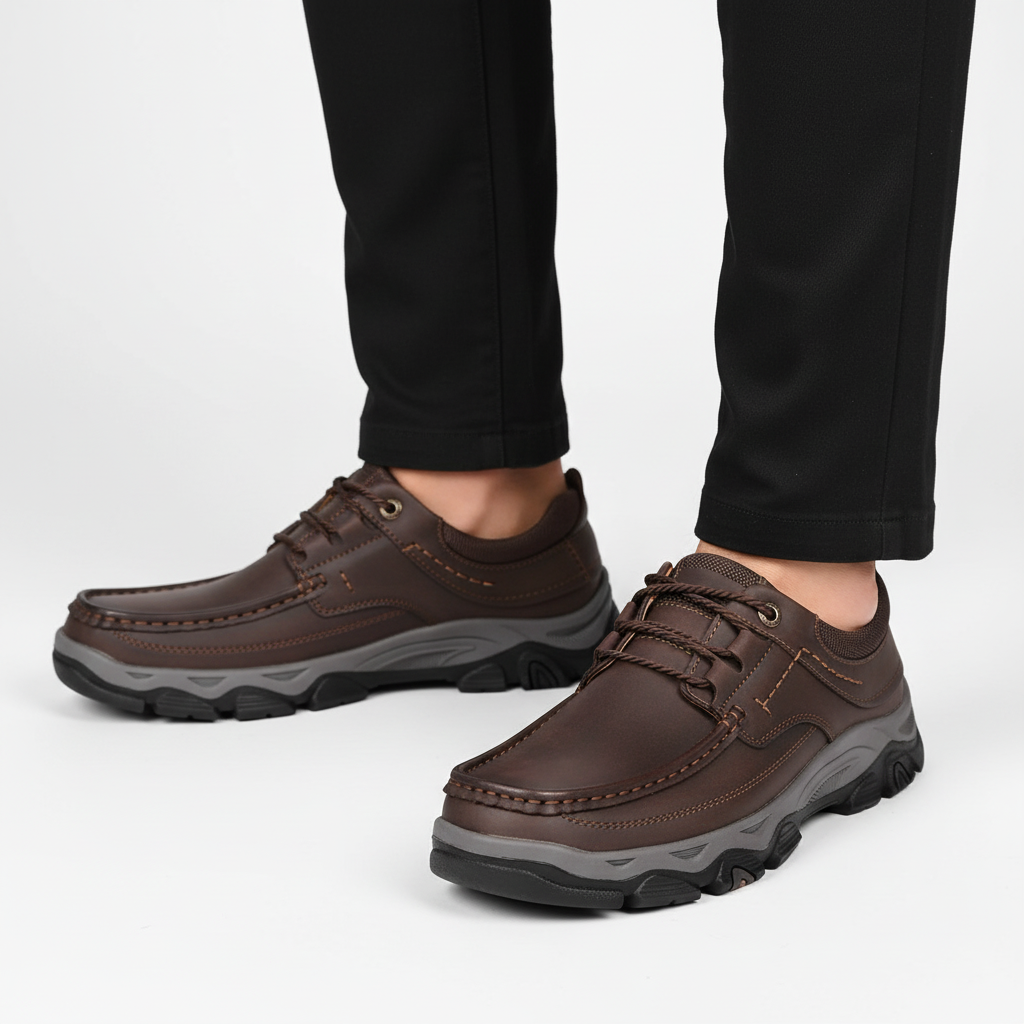 Men's slip-resistant vegan leather orthopedic shoes in a classic brown, providing ultimate comfort
