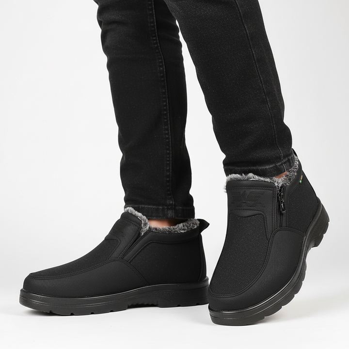Close-up of men's waterproof winter boots, orthopedic design for comfort in snow