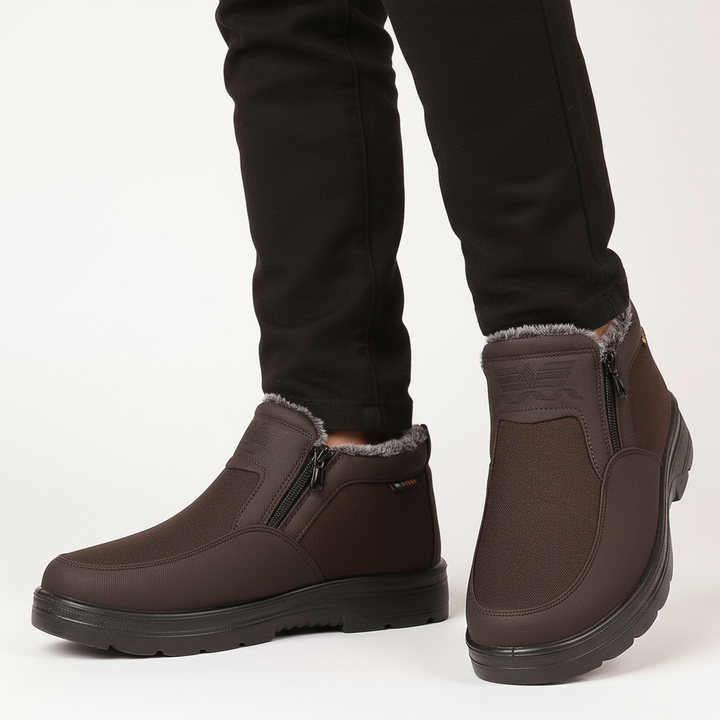 Side view of men's waterproof winter boots, durable design for consistent cold weather use