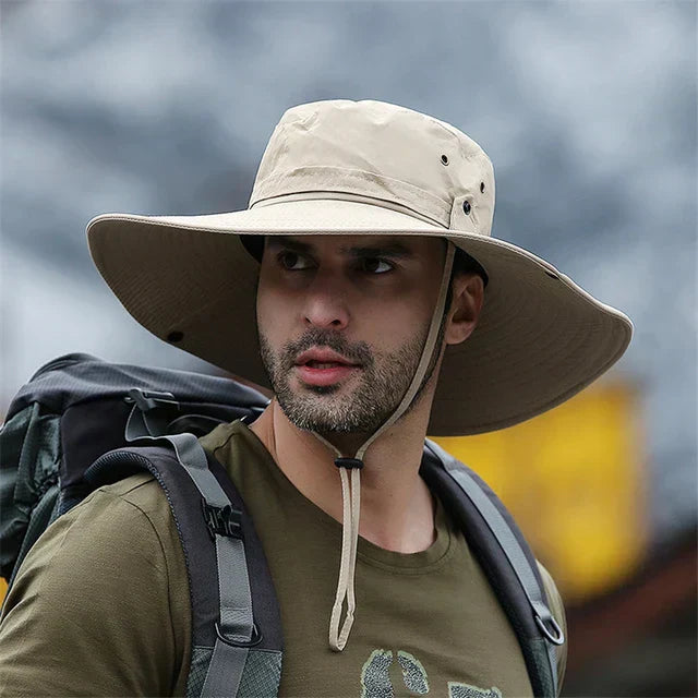 Men's summer bucket hat with adjustable chin strap, ensuring secure fit for windy outdoor activities.