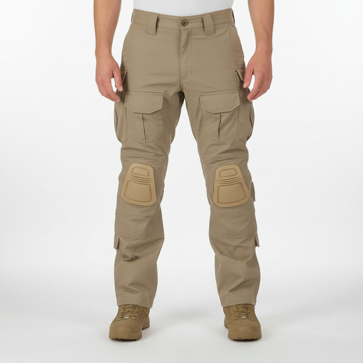 High-angle view of Luis tactical mens cargo pants, showing comprehensive design with knee protection