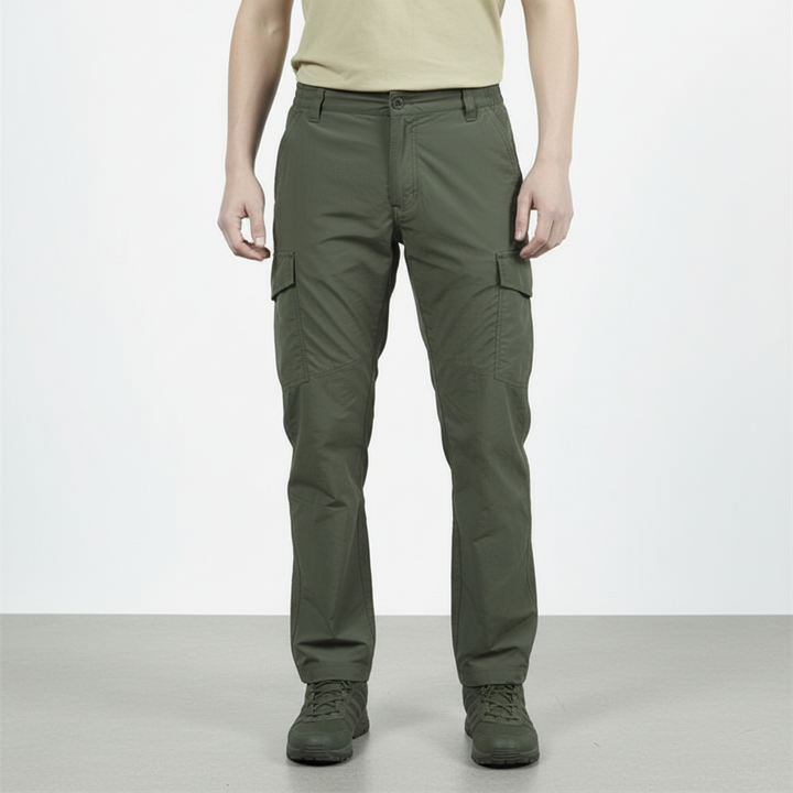 Adventure-ready men's cargo pants, offering water repellency and practical design for various terrains.