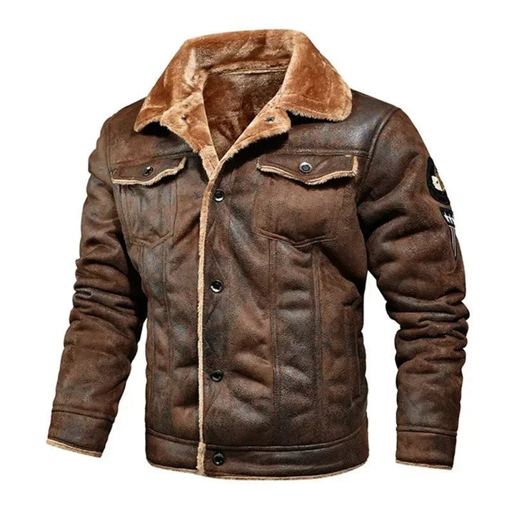 Stylish men's oversized khaki leather jacket, warm & comfortable. Versatile autumn & winter outerwear for casual look.