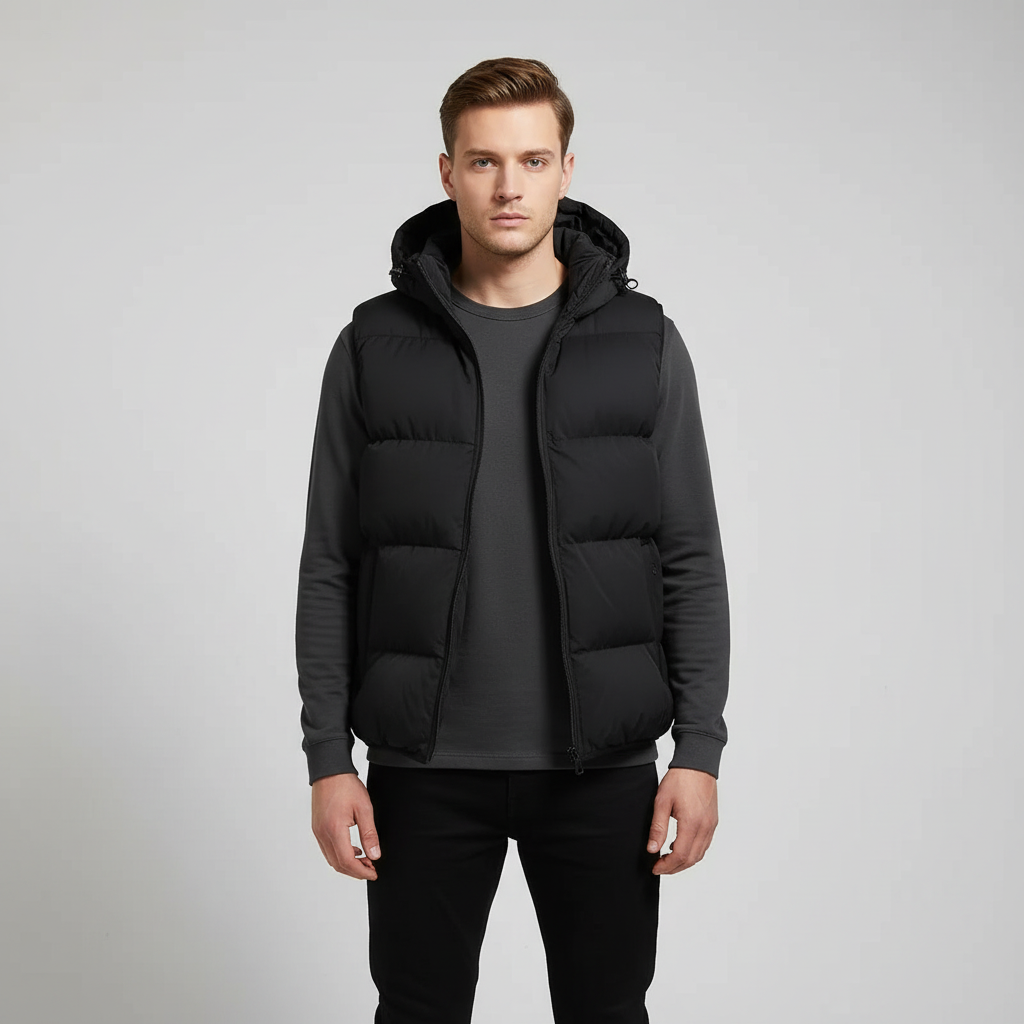 Close-up of men's padded vest fabric texture, showing quilted detail of hooded outerwear