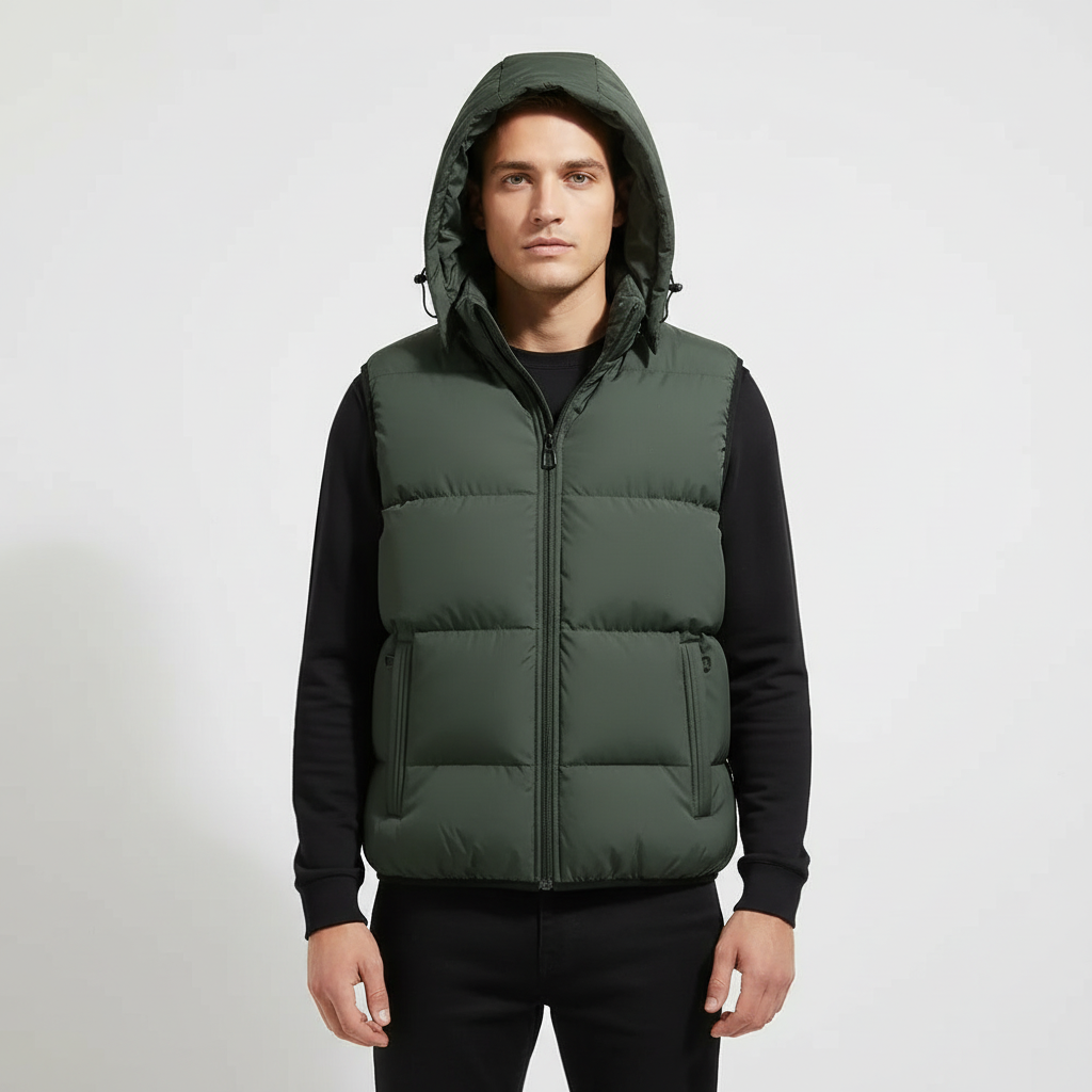Side view of men's lightweight padded vest, highlighting its hooded design and wind resistance