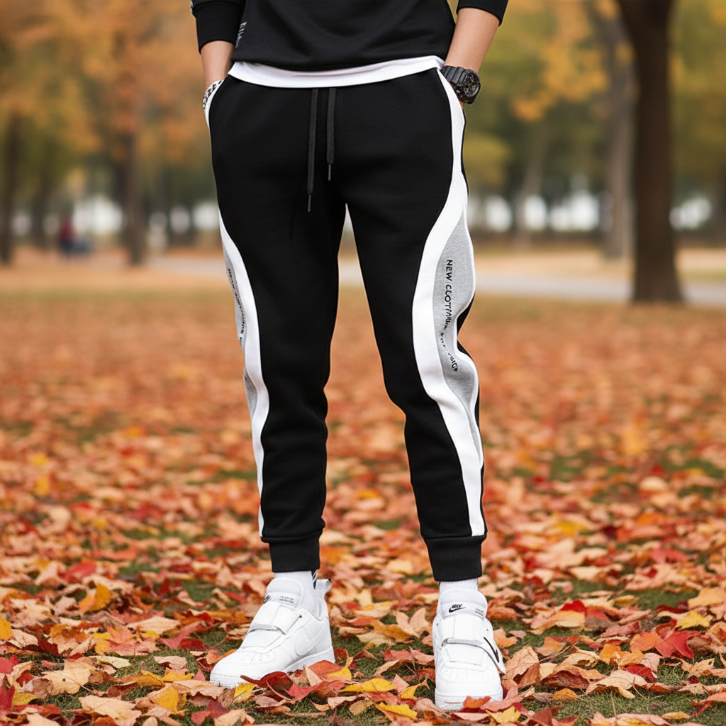 Men's patchwork black & grey athletic joggers for comfortable daily wear and streetwear fashion