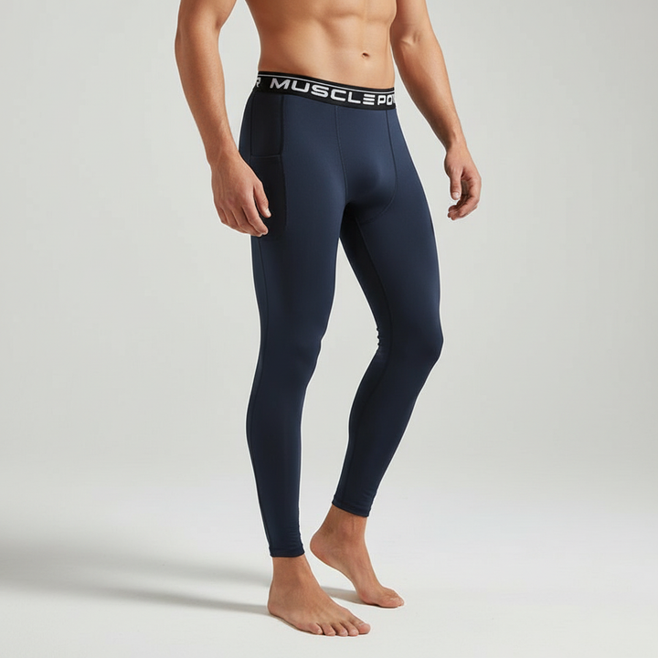 Men's gym wear leggings laid flat, showcasing the sleek design and phone pocket placement.