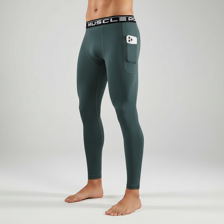 Professional shot of men's running leggings on a white background, highlighting their quality and style.