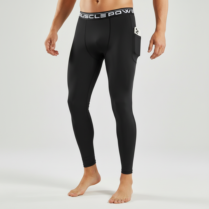 Action shot of a man jogging in black athletic leggings with phone pocket, illustrating their functionality.