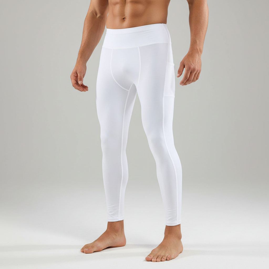 Men's workout gear leggings displaying the stretchy waistband for ultimate comfort and support.