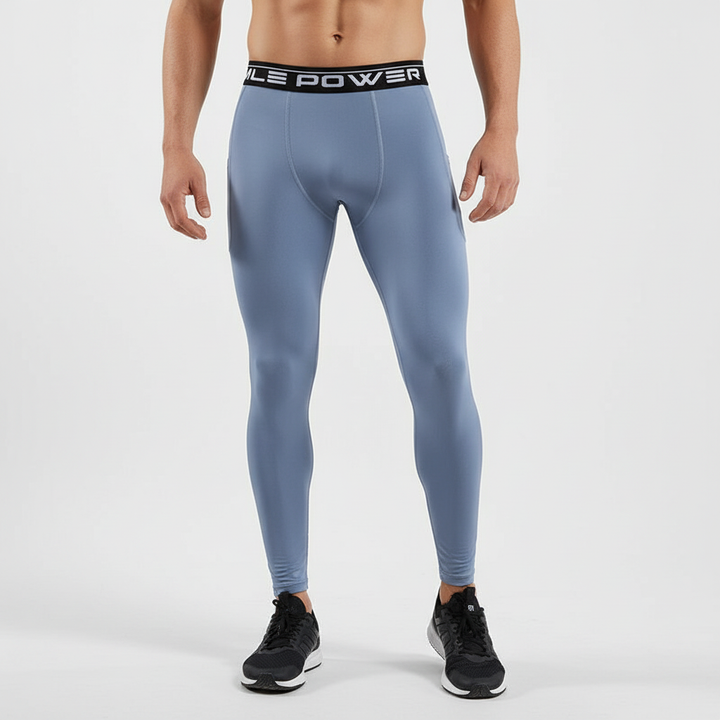 Back view of men's athletic compression pants, showing seam details and optimal fit for sports.