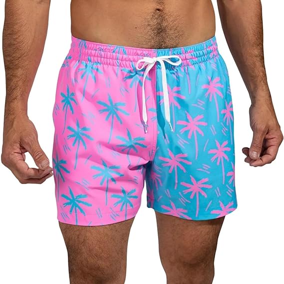 Men's pink & blue quick-dry swim shorts with drawstring waist for beach, pool, or summer vacation fun.