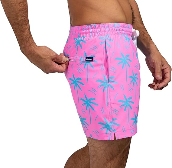 Sporty men's quick-dry swim shorts in pink & blue, perfect active beachwear for summer fun & vacation.