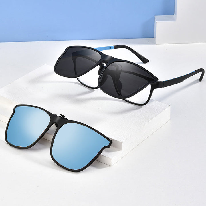 Flip-up polarized clip-on sunglasses for men. Blue lens offers glare reduction & UV protection.