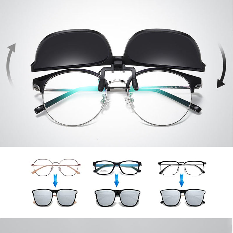 Men's accessory: Polarized flip-up sunglasses clip with blue lens. UV protection, glare reduction.