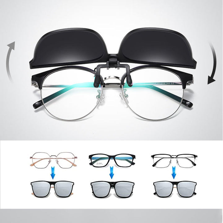 Men's accessory: Polarized flip-up sunglasses clip with blue lens. UV protection, glare reduction.