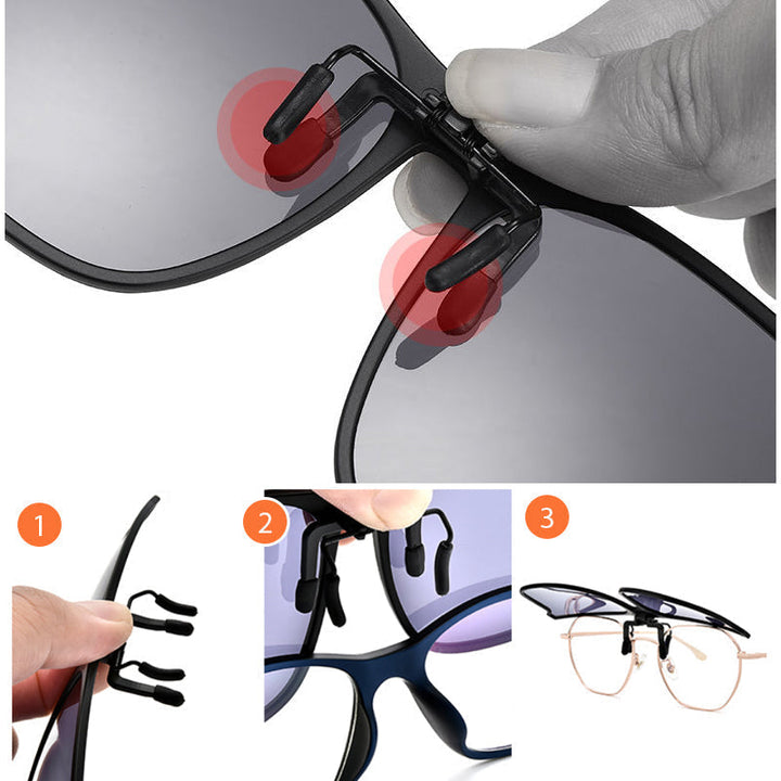 Blue lens polarized flip-up sunglasses clip-on for men. Excellent UV protection & glare reduction.