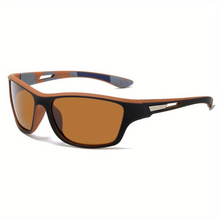 Close-up of men's polarized sports sunglasses, durable design, perfect for activewear.