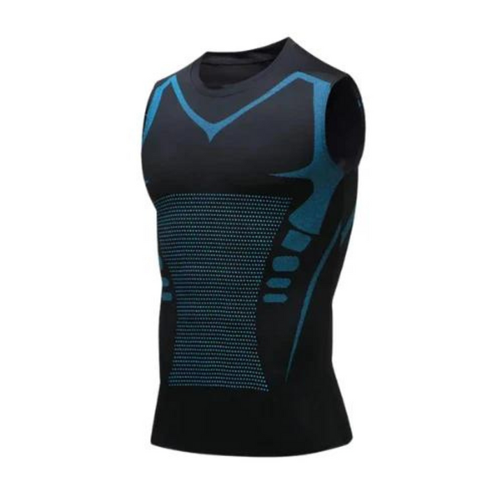 Men's firming body shaper compression shirt for posture correction, slimming, and discrete shaping under clothes.