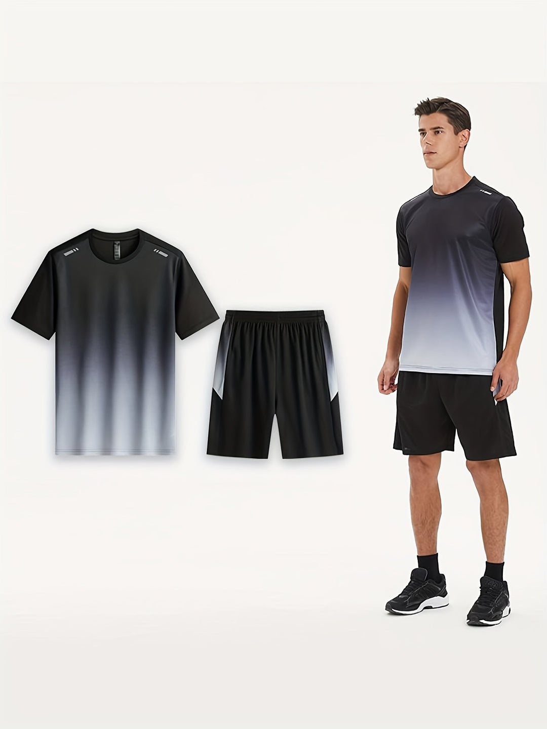 Breathable men's sports set featuring a quick-dry t-shirt and shorts, ideal for activewear